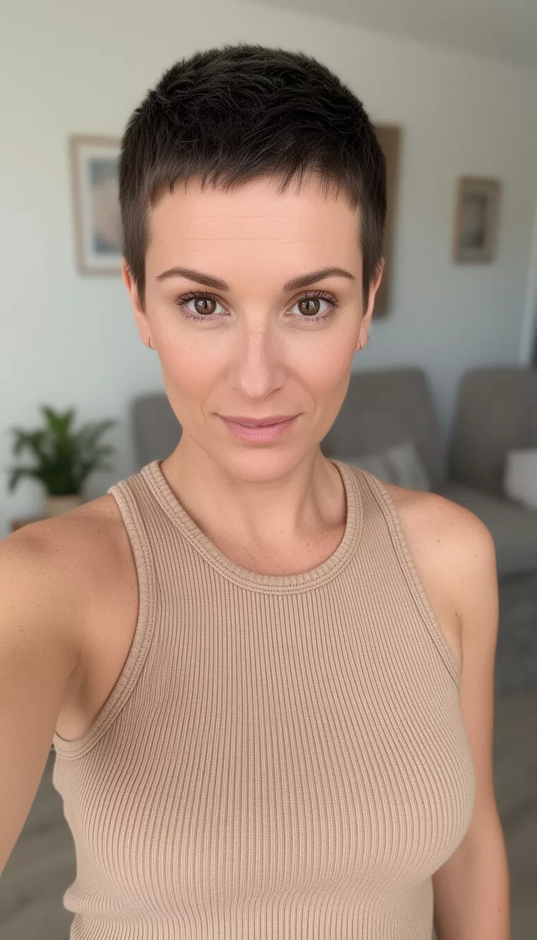 selfie of a 36-year-old woman wearing a ribbed tank top with a Super Short Pixie hairstyle