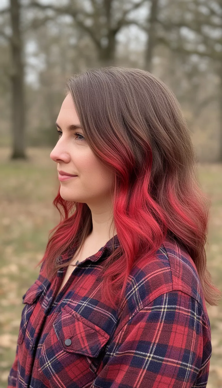 casual photo of a 31-year-old woman wearing a flannel shirt with gradient red highlights in her brown hair, side view, shot with an iPhone 15 Pro Max