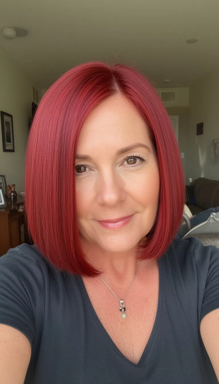 selfie of a 40-year-old woman with a teak wood red blunt lob hairstyle