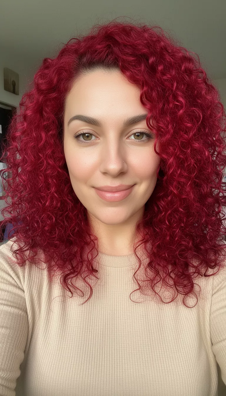 selfie of a 30-year-old woman wearing a beige top with radiant crimson curls