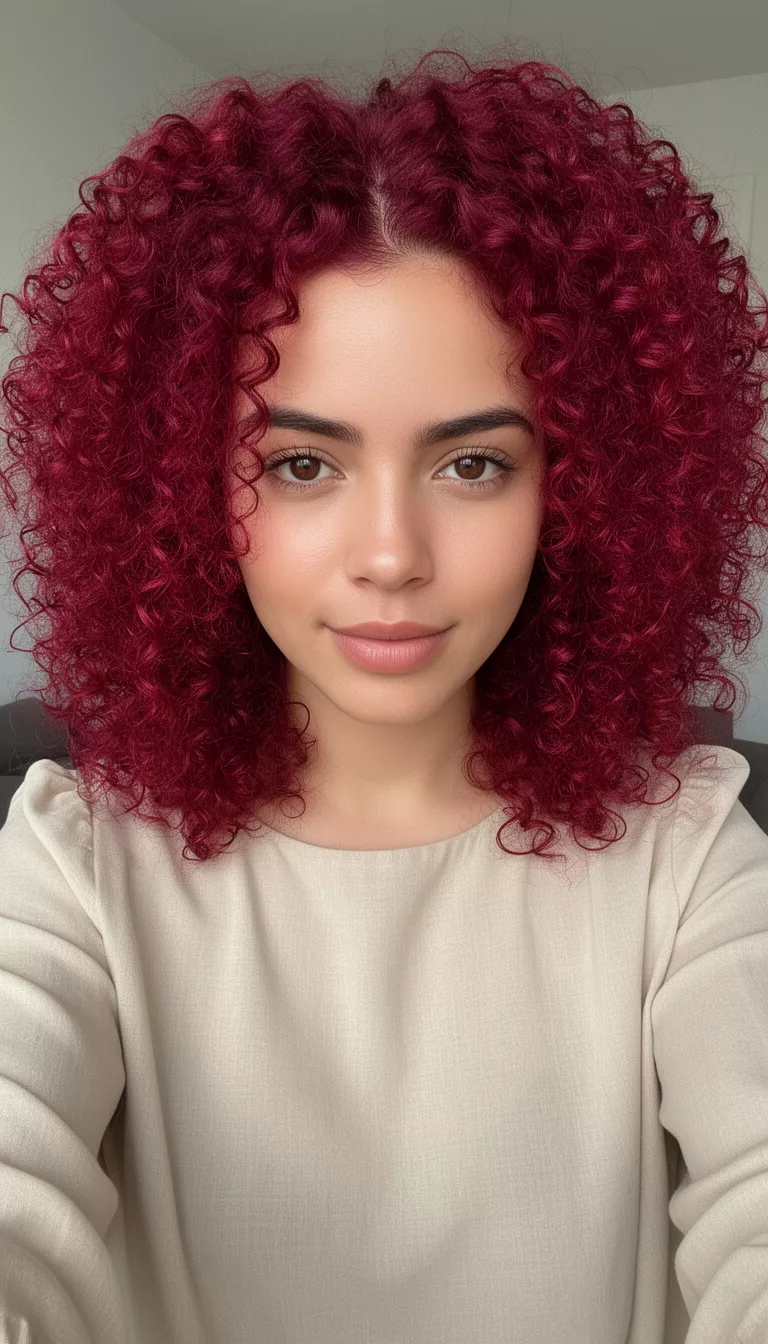 selfie of a 25-year-old woman wearing a simple neutral blouse with a ruby red vibrancy curly hairstyle