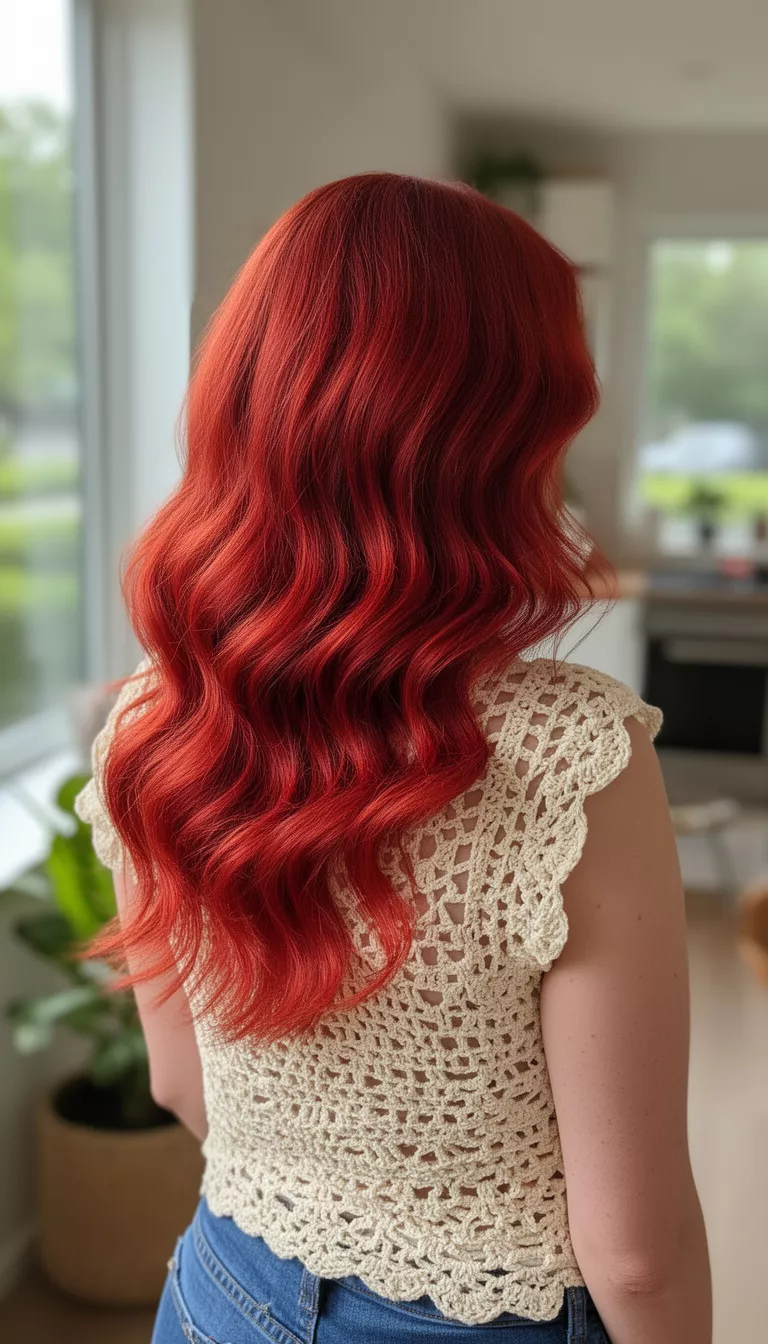 casual photo of a 33-year-old woman wearing a cream crochet top with an amber glow red mermaid waves hairstyle, back view, shot with an iPhone 15 Pro Max