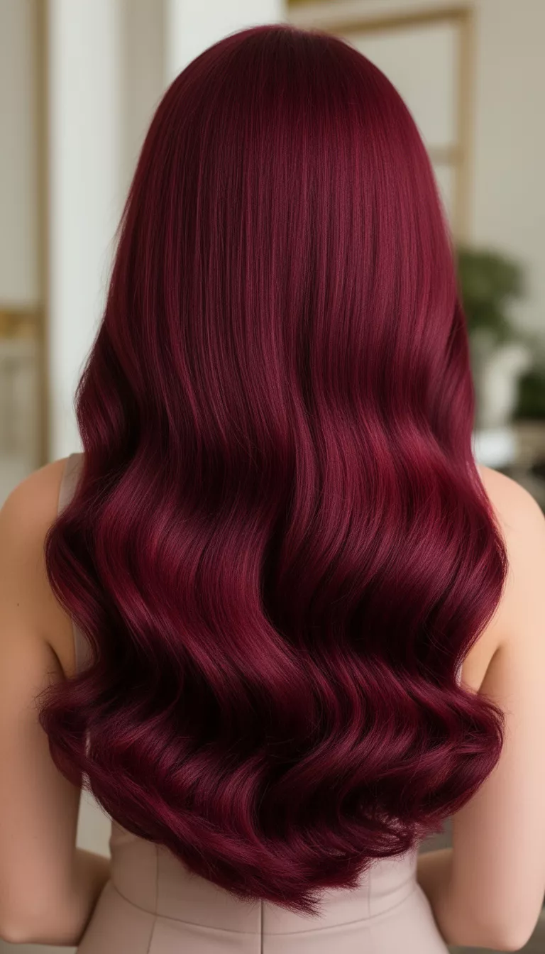 close-up photo of a 38-year-old woman with a wine red elegance long hairstyle, back view