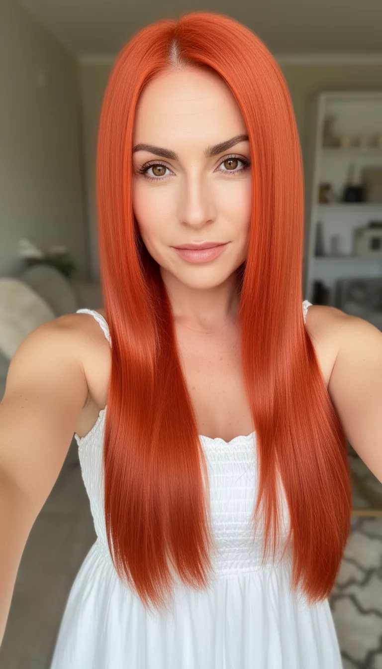 selfie of a 34-year-old woman wearing a white sundress with a carnelian orange-red long sleek hairstyle