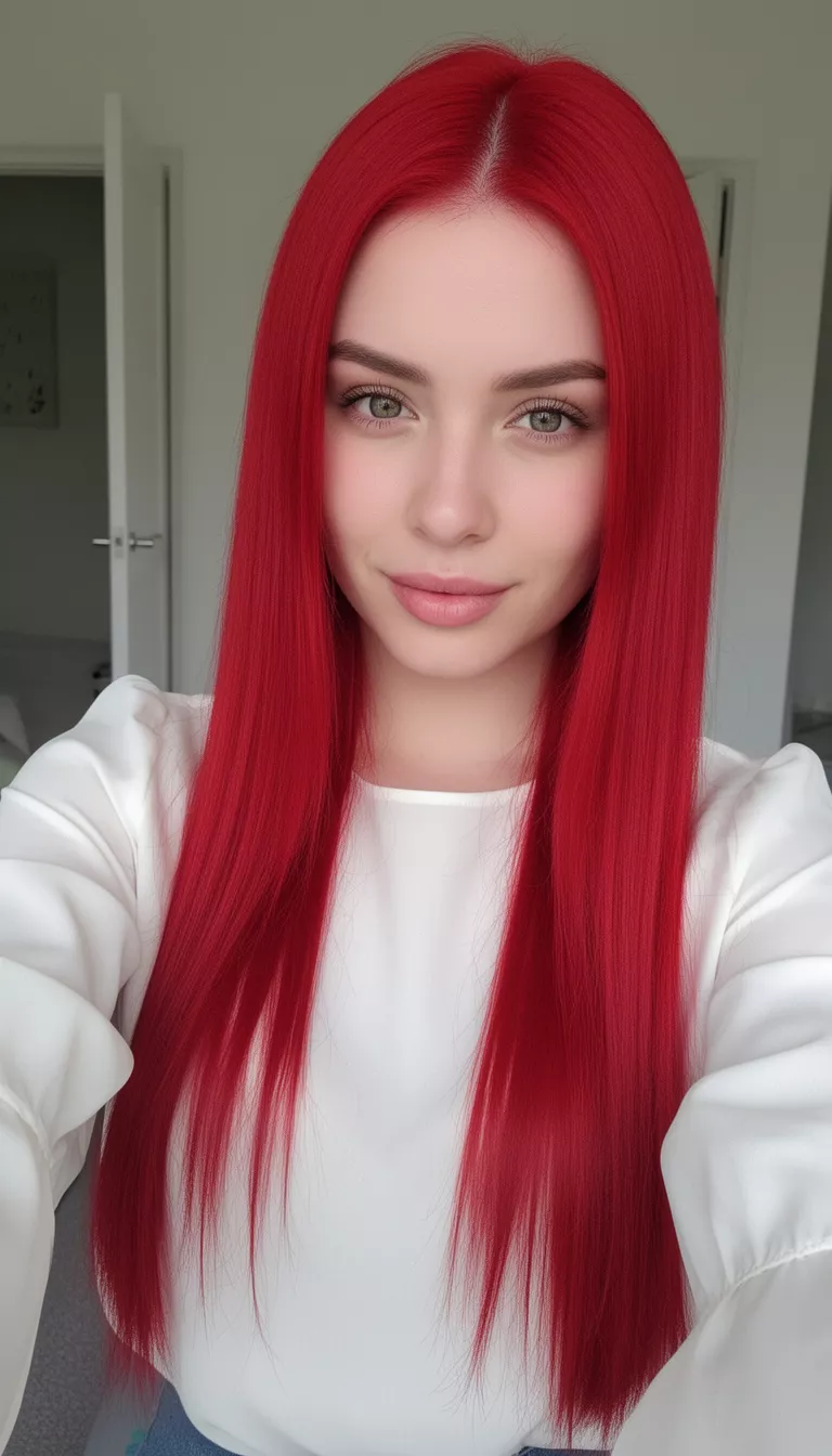 selfie of a 26-year-old woman wearing a simple white blouse with a scarlet pop star red long straight hairstyle