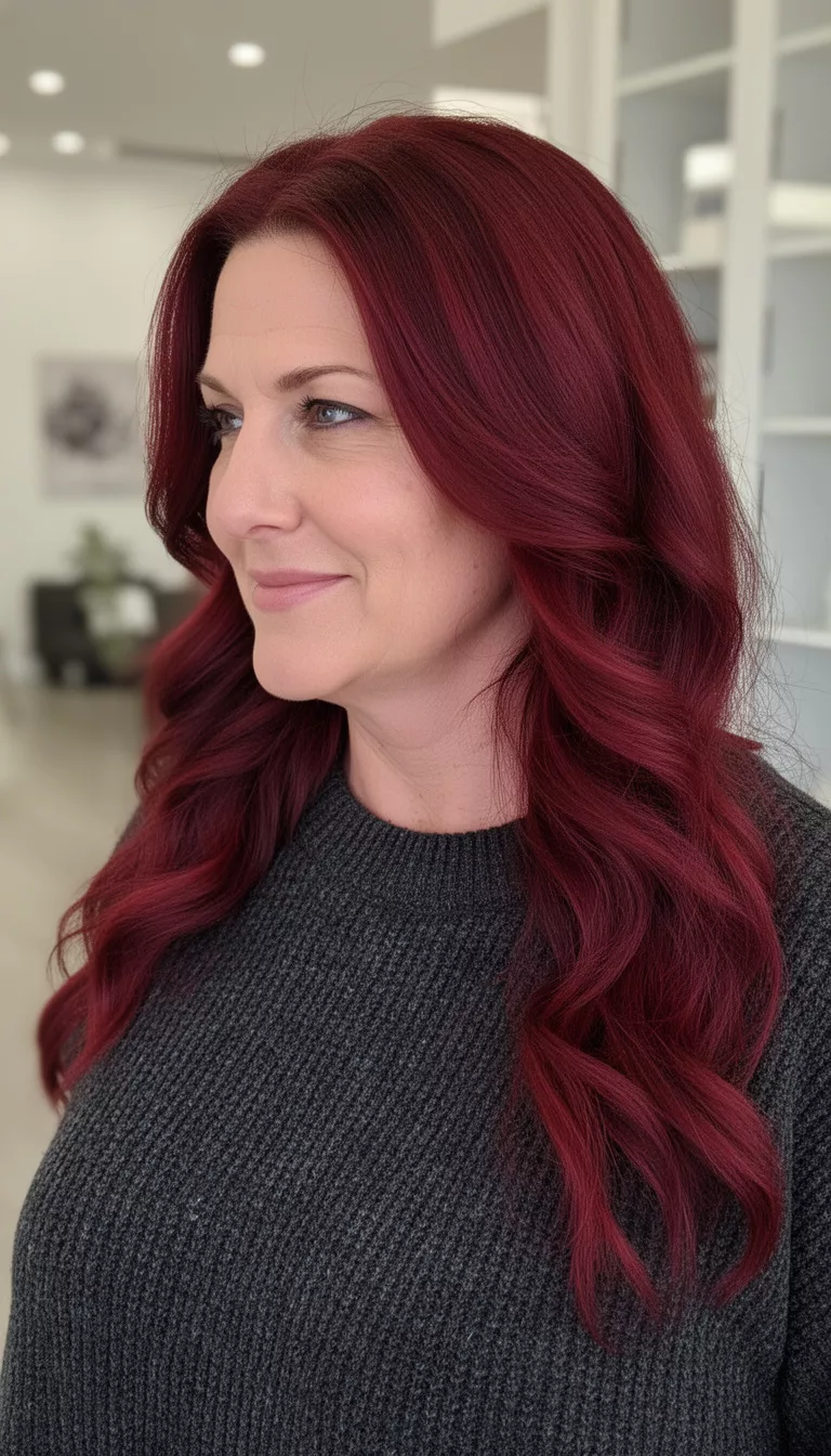 casual photo of a 44-year-old woman wearing a charcoal sweater with a mahogany red depth textured long hairstyle, side view