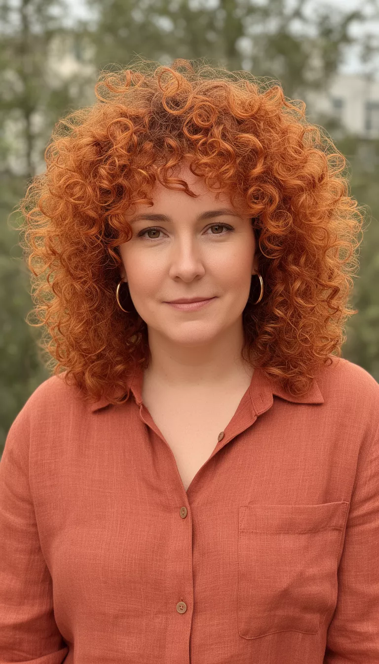 casual photo of a 32-year-old woman wearing a terracotta linen shirt with a fiery copper fusion voluminous curls hairstyle, shot with an iPhone 15 Pro Max