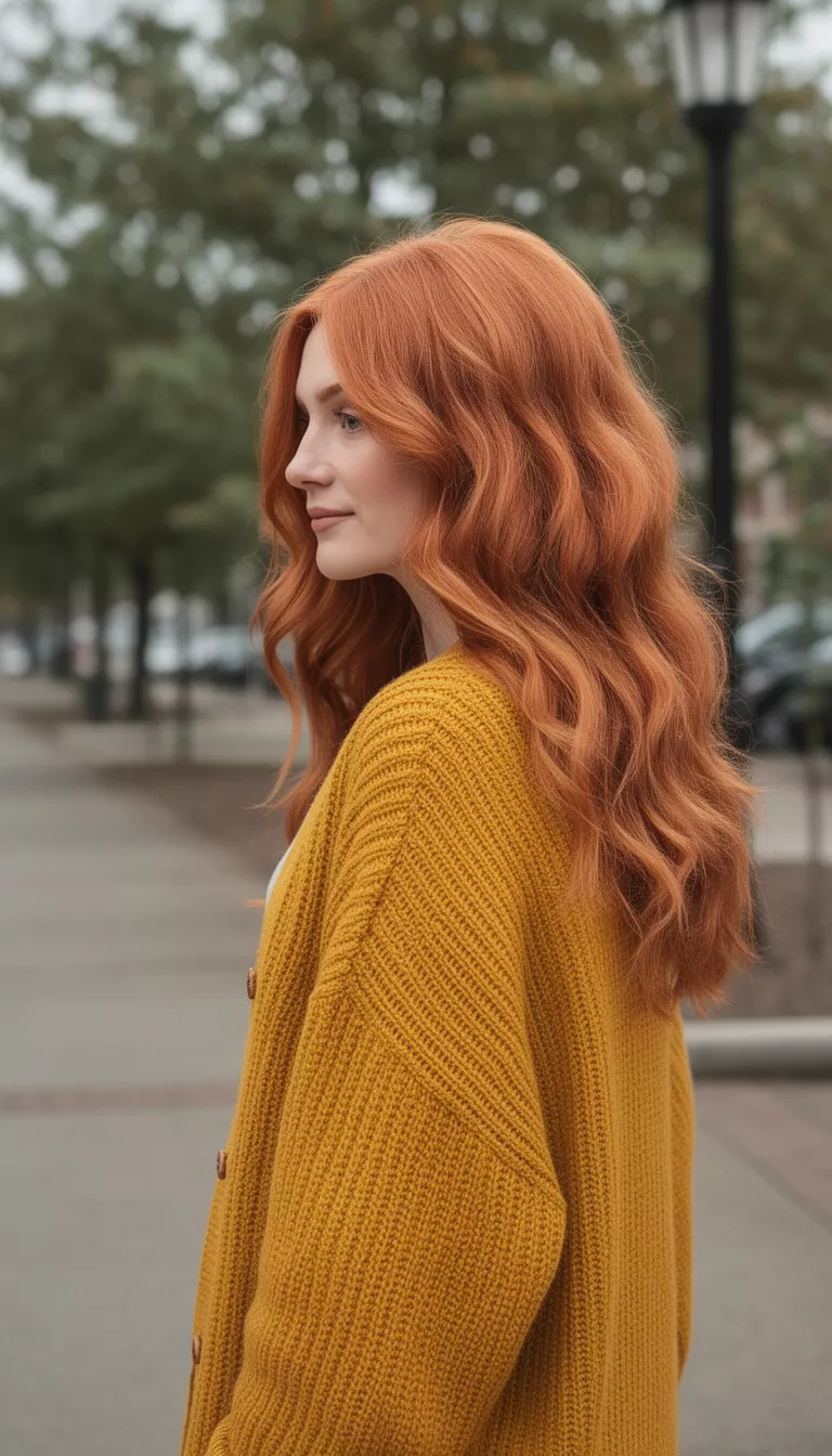 casual photo of a 29-year-old woman wearing a mustard yellow cardigan with a ginger copper waves boho hairstyle, side view, shot with an iPhone 15 Pro Max