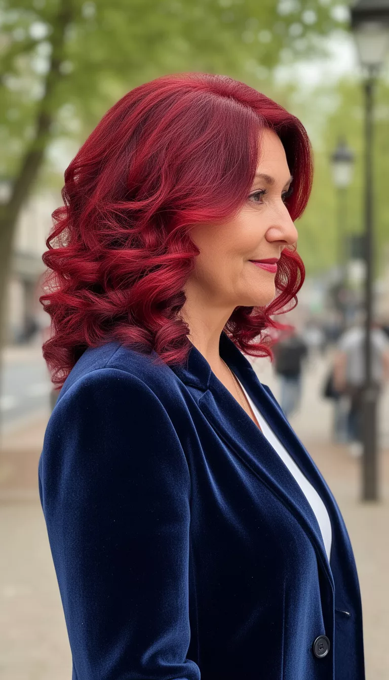 casual photo of a 45-year-old woman wearing a navy blue velvet blazer with a red velvet brunette soft curls hairstyle, side view, shot with an iPhone 15 Pro Max