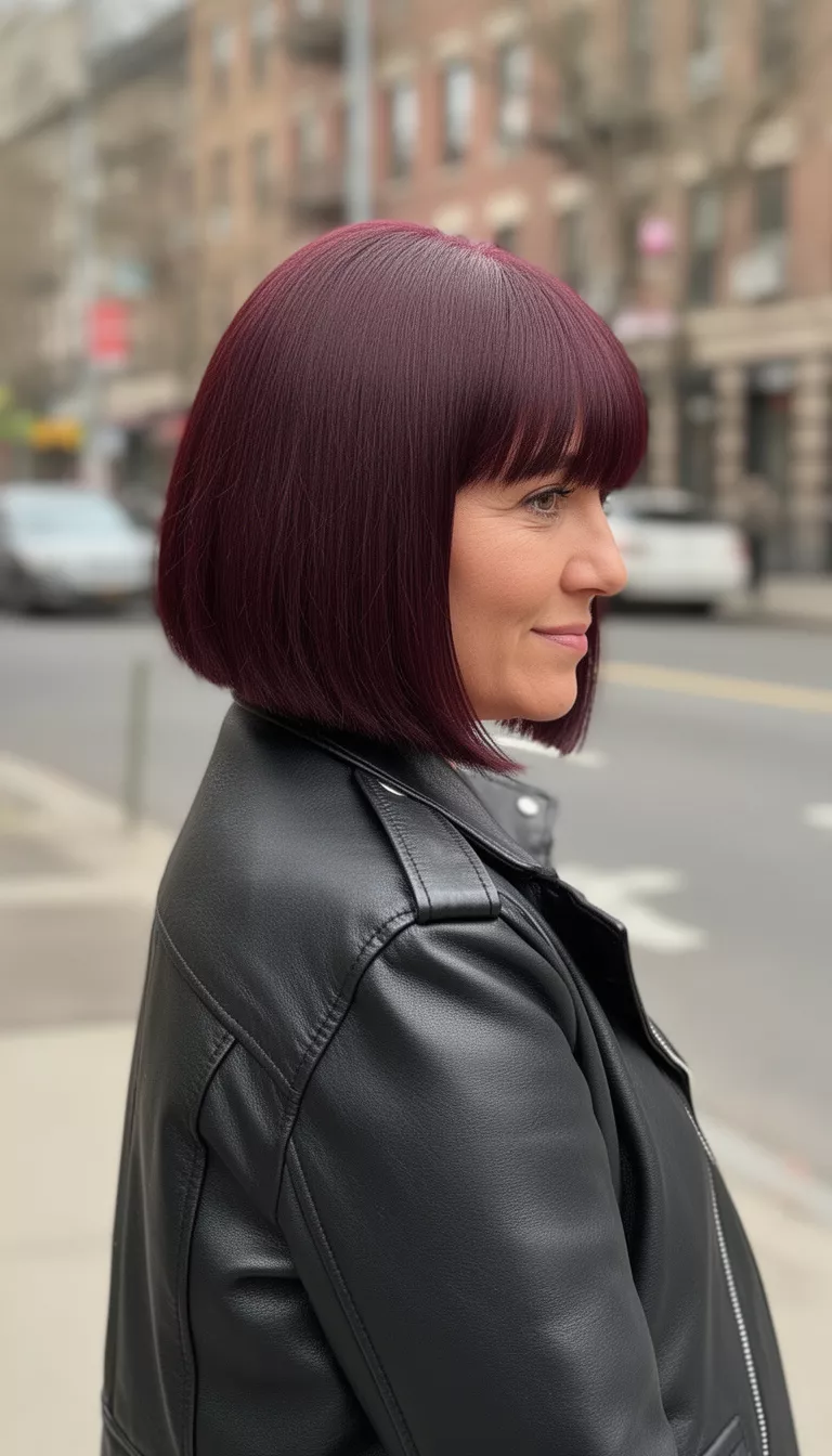 casual photo of a 35-year-old woman wearing a black leather jacket with a dark cherry locks blunt bob hairstyle, side view, shot with an iPhone 15 Pro Max