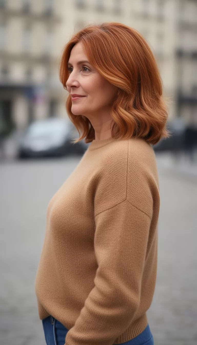 casual photo of a 42-year-old woman wearing a camel-colored cashmere sweater with a classic auburn glow layered hairstyle, side view, shot with an iPhone 15 Pro Max