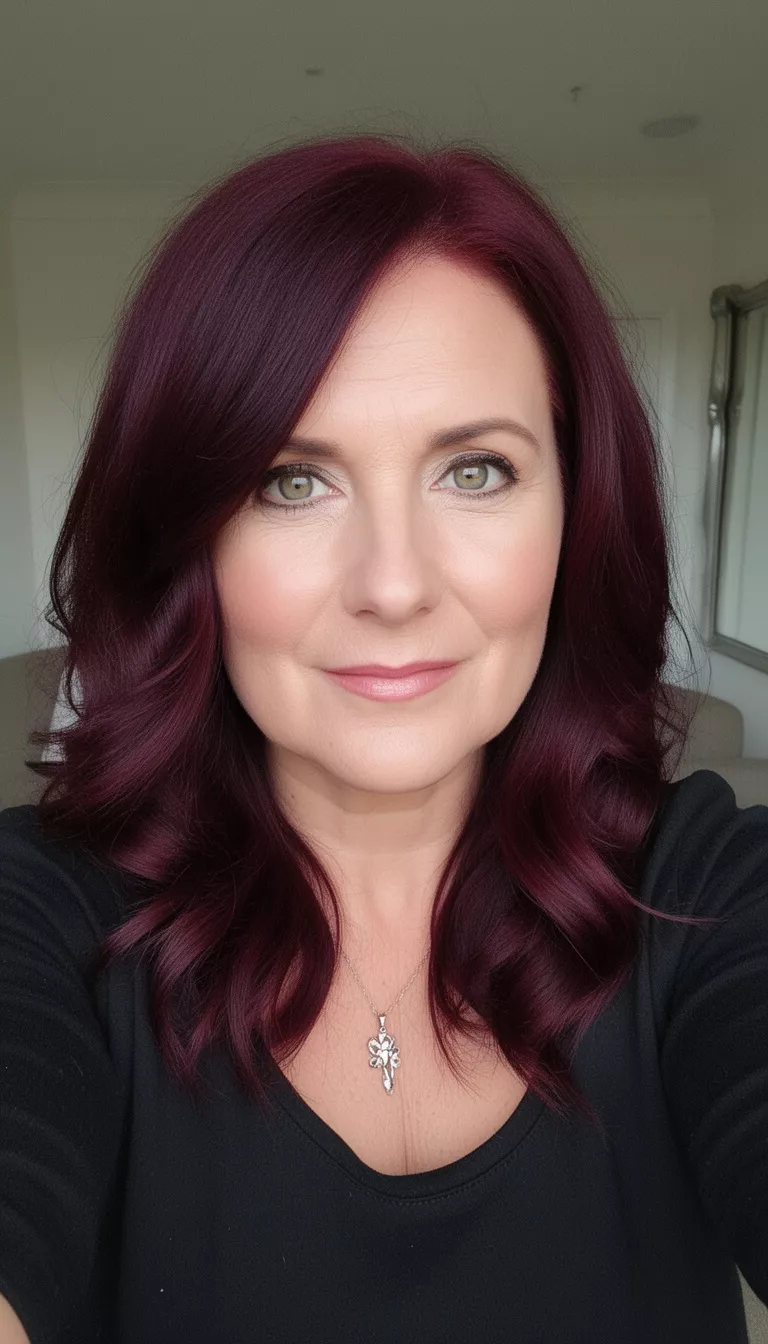selfie of a 41-year-old woman with a deep burgundy wine hairstyle
