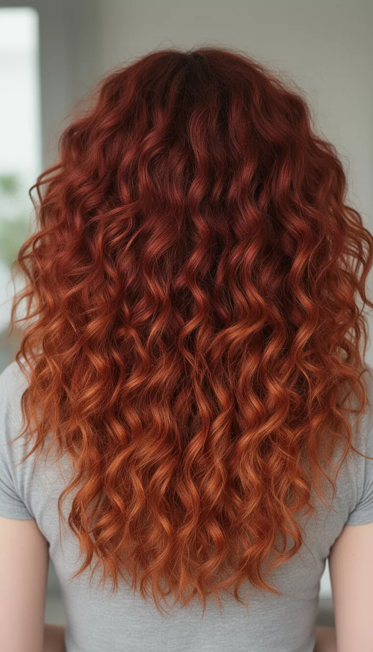 close-up photo of a 28-year-old woman with a chestnut red ombre curly hairstyle, back view
