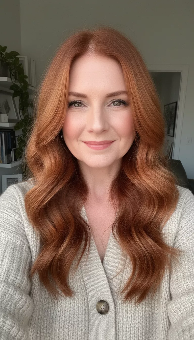 selfie of a 37-year-old woman wearing an oatmeal colored cardigan with soft auburn waves long hairstyle
