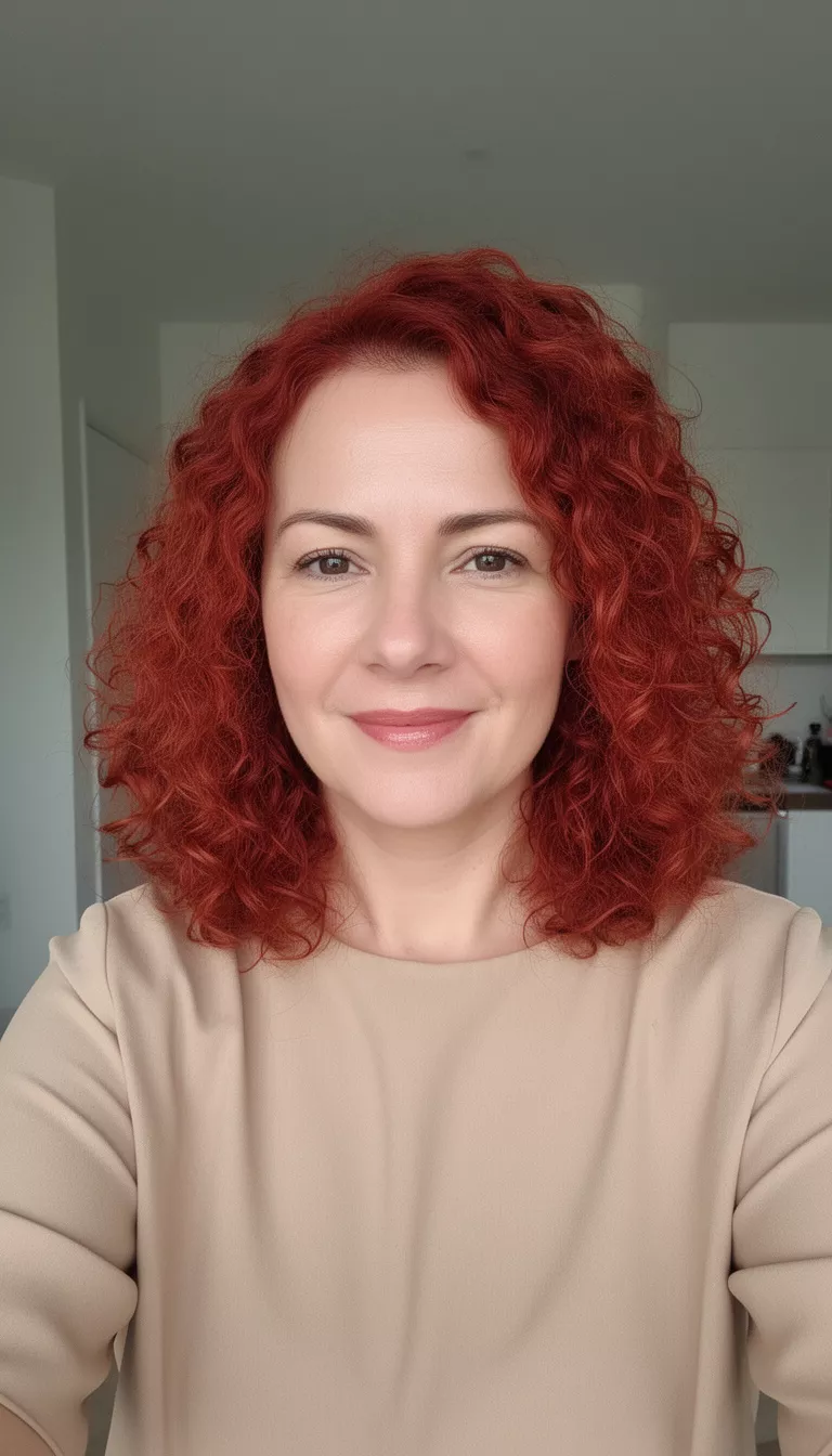 selfie of a 39-year-old woman wearing an simple beige blouse with a burnt sienna red medium-length curly hairstyle