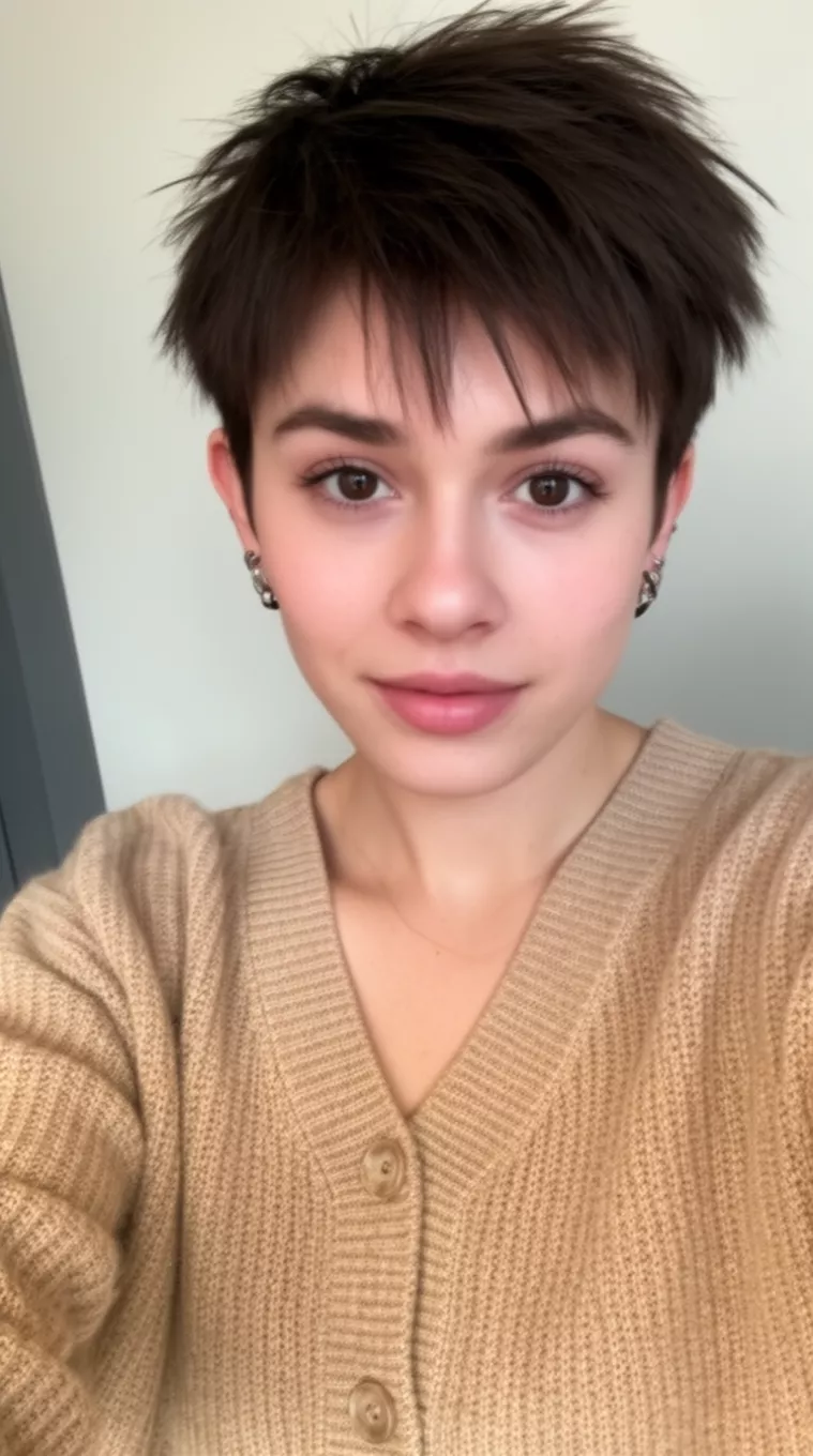 selfie of a 21-year-old woman wearing a beige cardigan with a Choppy Pixie hairstyle, minimal background