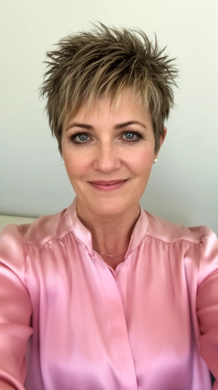 selfie of a 48-year-old woman wearing a light pink silk blouse with a Feathered Pixie hairstyle, minimal background