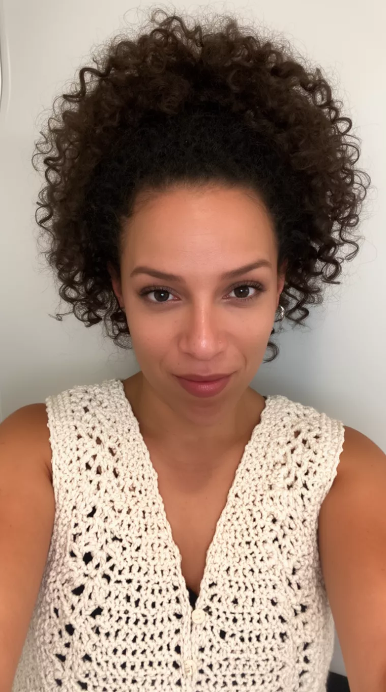 selfie of a 31-year-old woman wearing a crochet vest with a Curly Voluminous Top hairstyle, minimal background