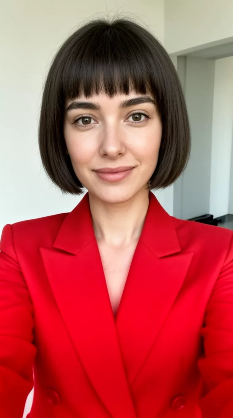 selfie of a 30-year-old woman wearing a structured red blazer with a Micro Bob hairstyle, minimal background