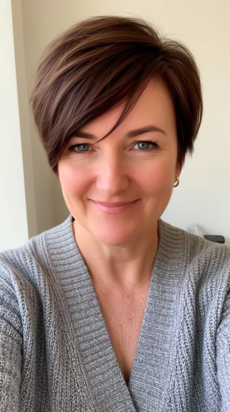 selfie of a 44-year-old woman wearing a cardigan with a Asymmetrical Pixie hairstyle, minimal background