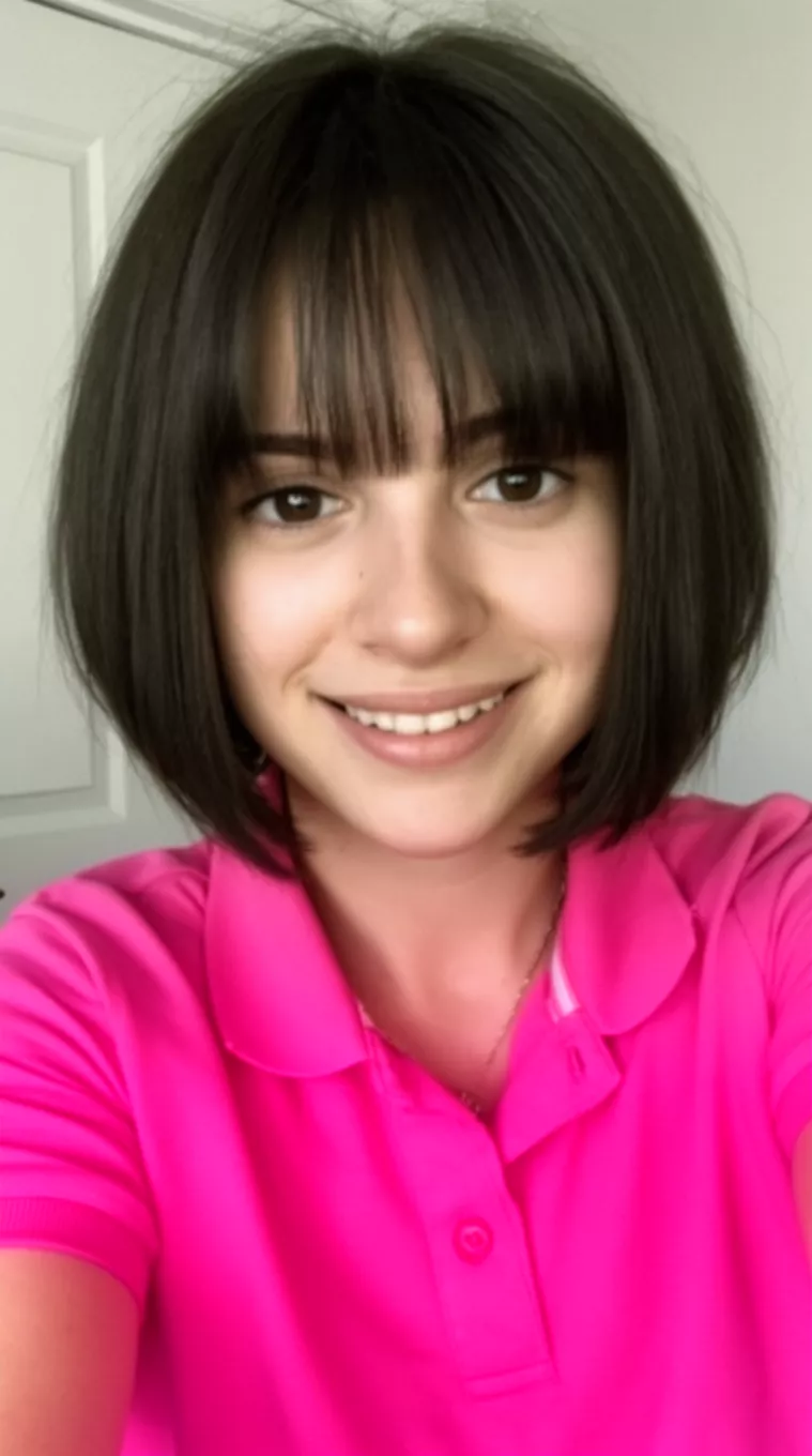 selfie of a 24-year-old woman wearing a pink polo shirt with a Flipped Ends Bob hairstyle, minimal background