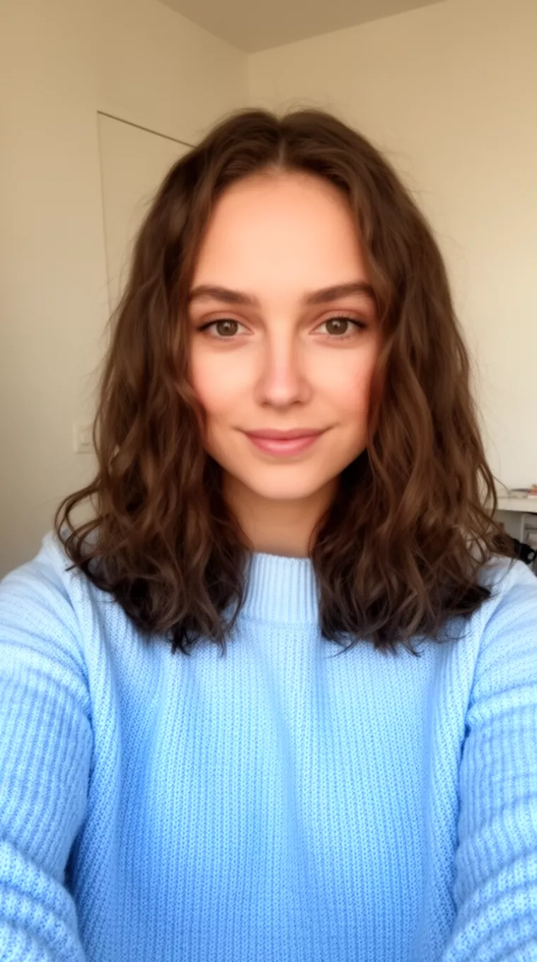selfie of a 27-year-old woman wearing a light blue knit sweater with a Cloud Bob hairstyle, minimal background