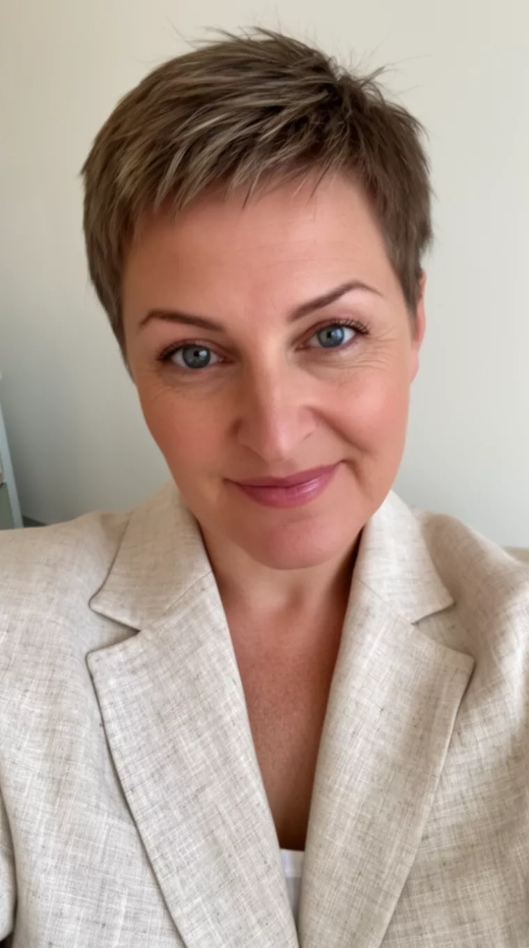 selfie of a 45-year-old woman wearing a linen blazer with a Soft Pixie hairstyle, minimal background