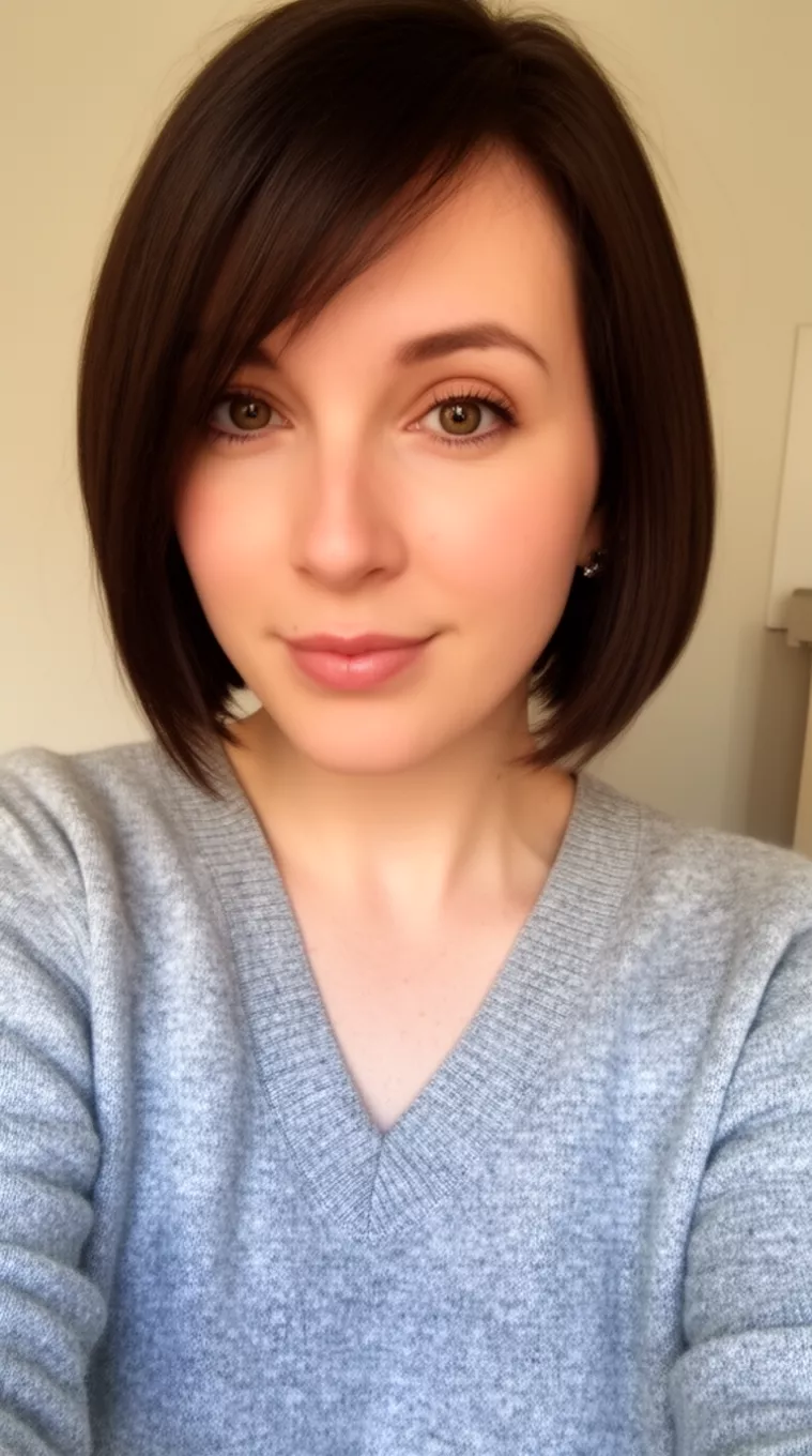 selfie of a 33-year-old woman wearing a grey v-neck sweater with a Angled Bob hairstyle, minimal background