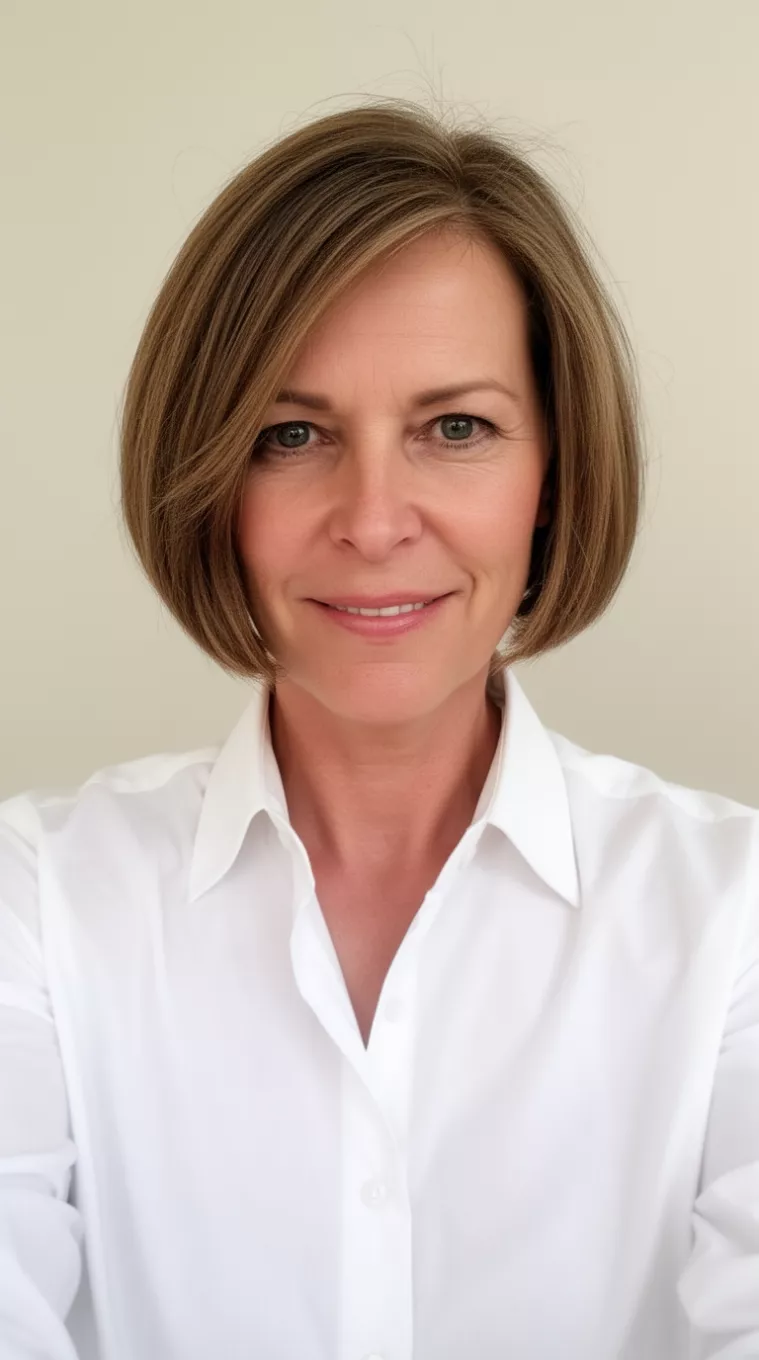 selfie of a 42-year-old woman wearing a white button-down shirt with a Precision Bob hairstyle, minimal background