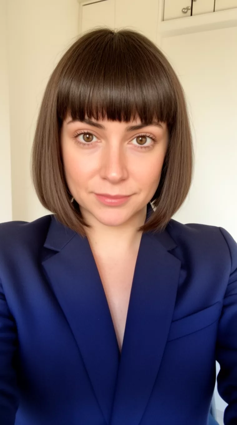 selfie of a 32-year-old woman wearing a navy blue blazer with a Blunt Bob hairstyle, minimal background