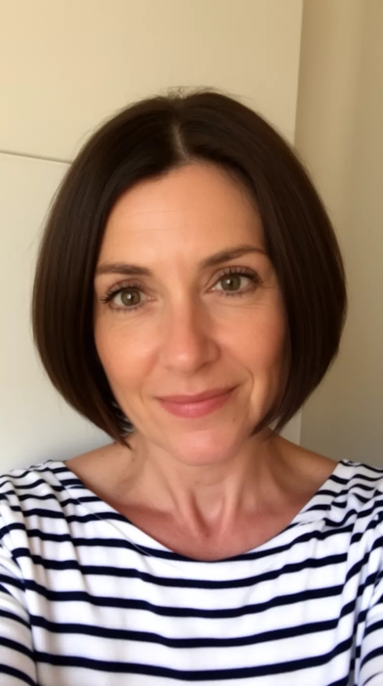 selfie of a 40-year-old woman wearing a striped Breton top with a French Bob hairstyle, minimal background