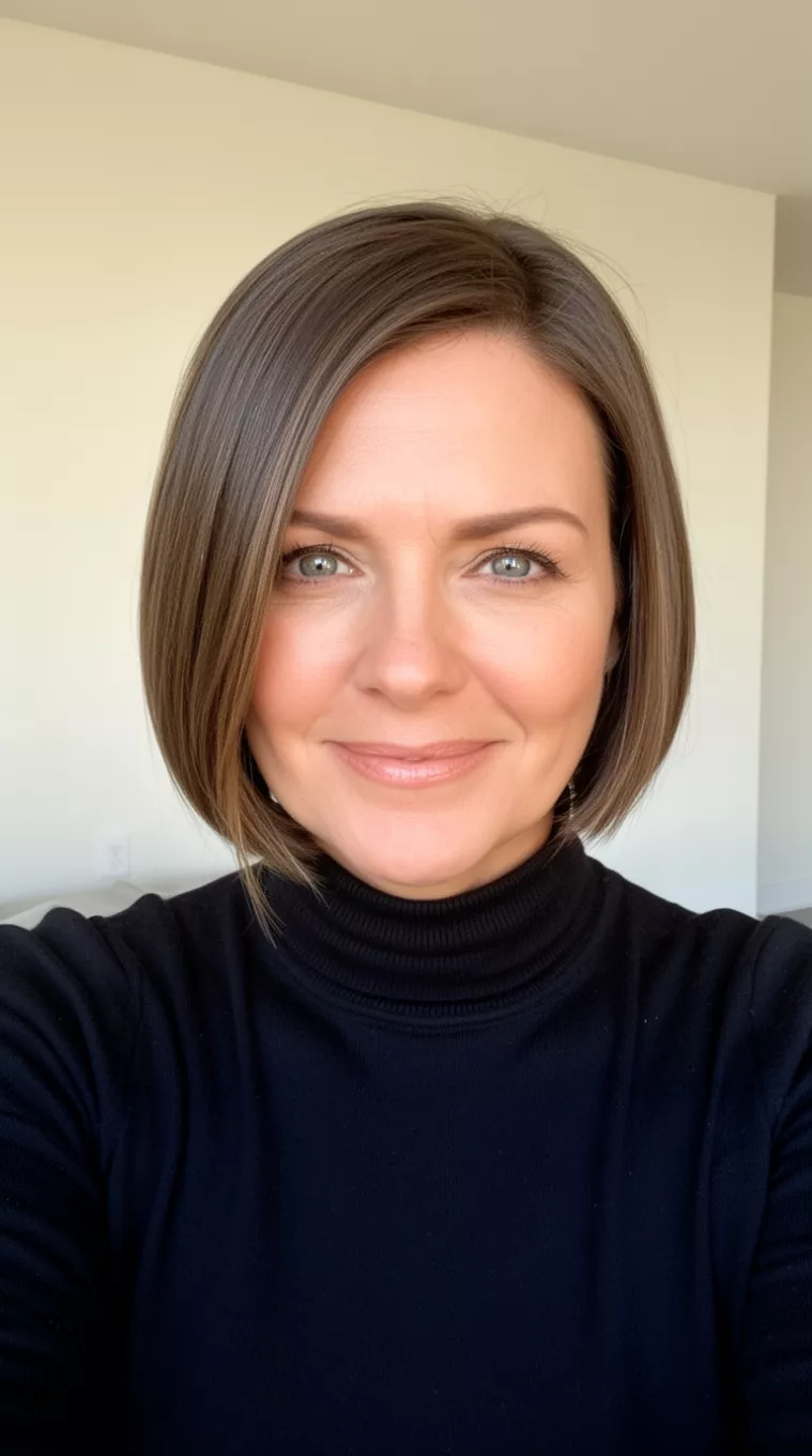 selfie of a 39-year-old woman wearing a black turtleneck with a Sleek Structured Bob hairstyle, minimal background