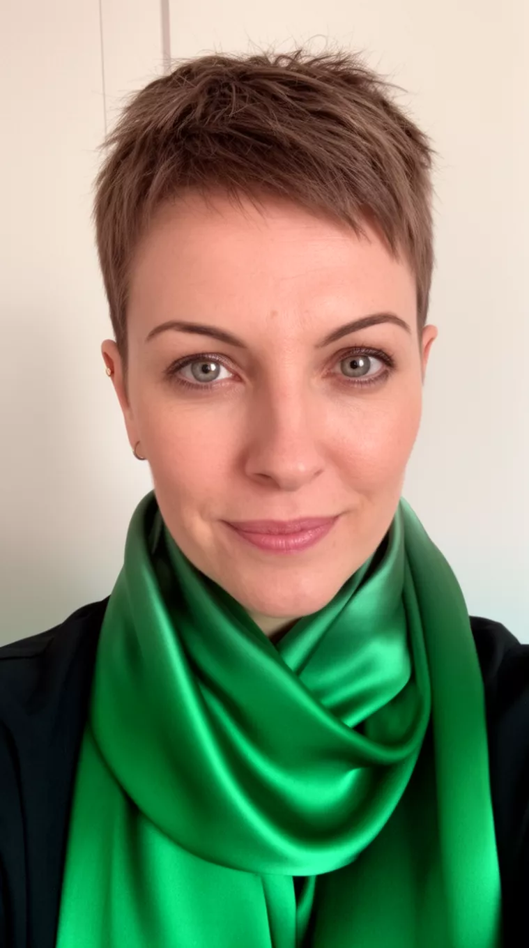 selfie of a 36-year-old woman wearing a green silk scarf with a Pixie 2.0 hairstyle, minimal background