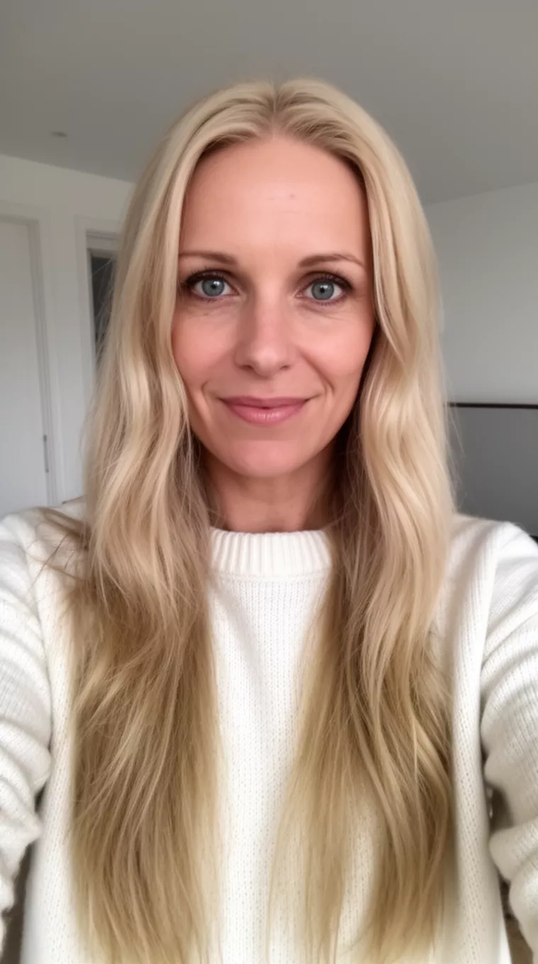 selfie of a 35-year-old woman wearing a crewneck sweater with a Champagne Blonde colored long hairstyle, minimal background