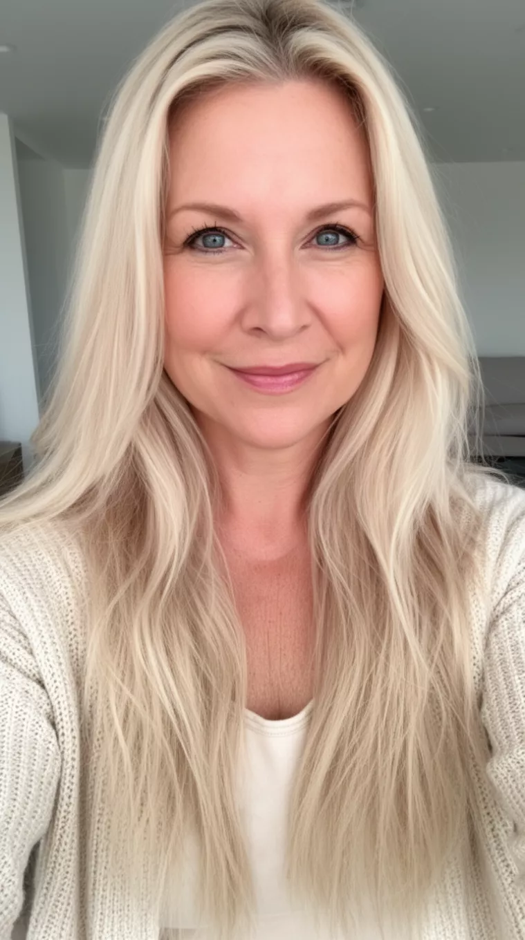 selfie of a 40-year-old woman wearing a cardigan over basic top with a Strawberry Cream Blonde colored long hairstyle, minimal background