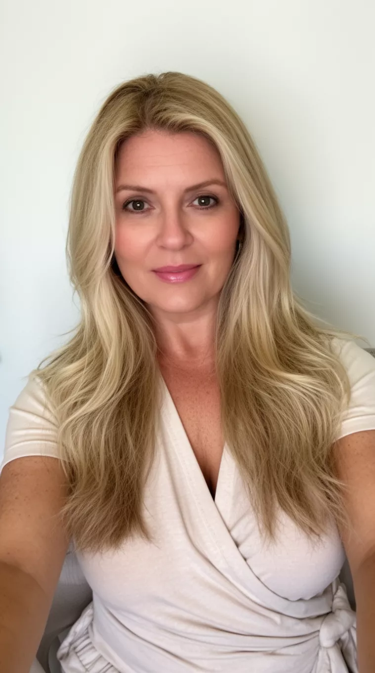 selfie of a 41-year-old woman wearing a wrap top with a Sandy Beach Blonde colored long hairstyle, minimal background