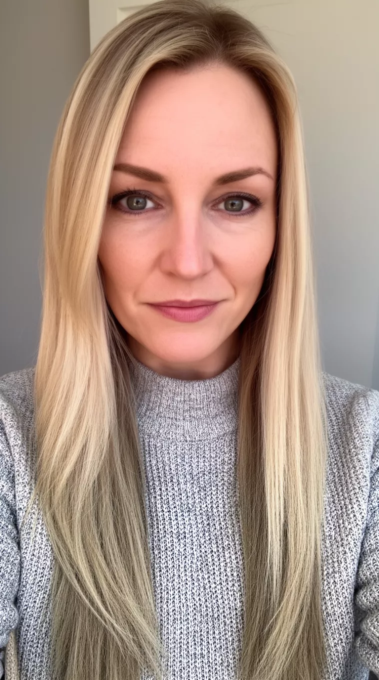 selfie of a 39-year-old woman wearing a professional knit top with a Ash Blonde Face-Framing colored long hairstyle, minimal background