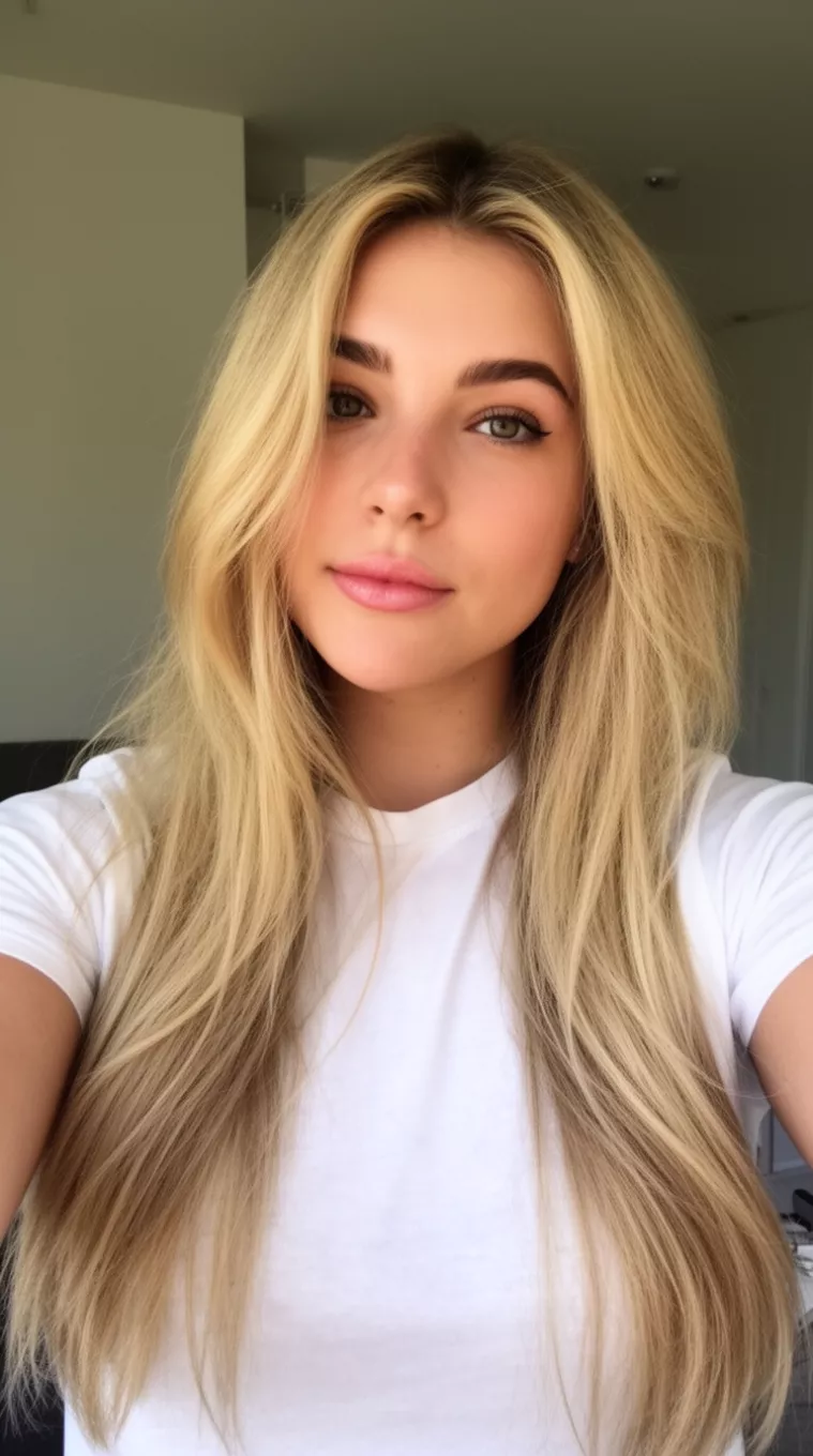 selfie of a 27-year-old woman wearing a white t-shirt with a Golden Hour Blonde colored long hairstyle, minimal background