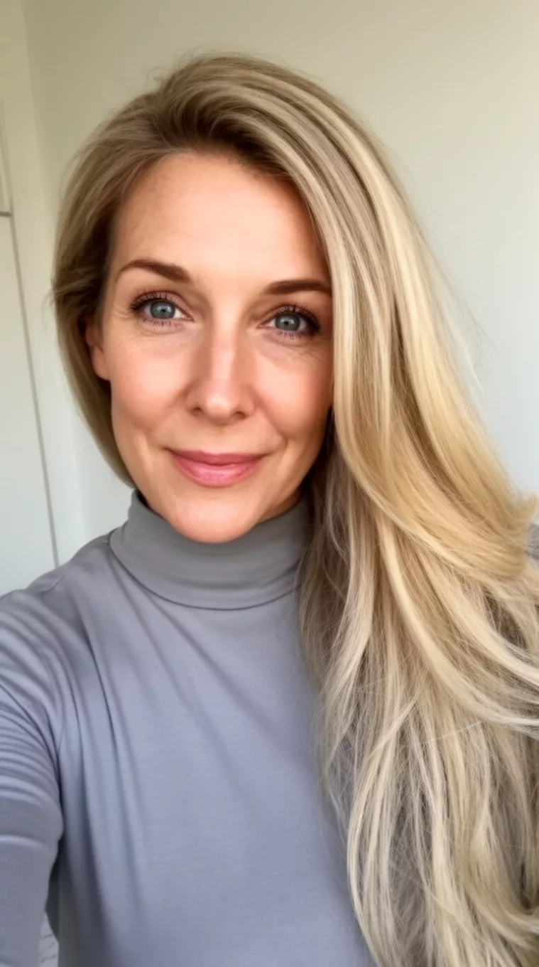 selfie of a 42-year-old woman wearing a mock neck top with a Mushroom Blonde colored long hairstyle, minimal background