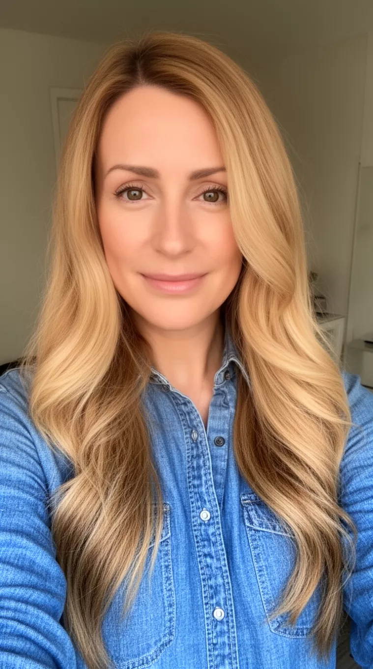 selfie of a 34-year-old woman wearing a chambray shirt with a Warm Caramel Blonde colored long hairstyle, minimal background