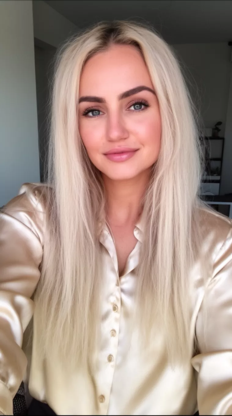 selfie of a 30-year-old woman wearing a silk button-up shirt with a Crème Brûlée Blonde colored long hairstyle, minimal background