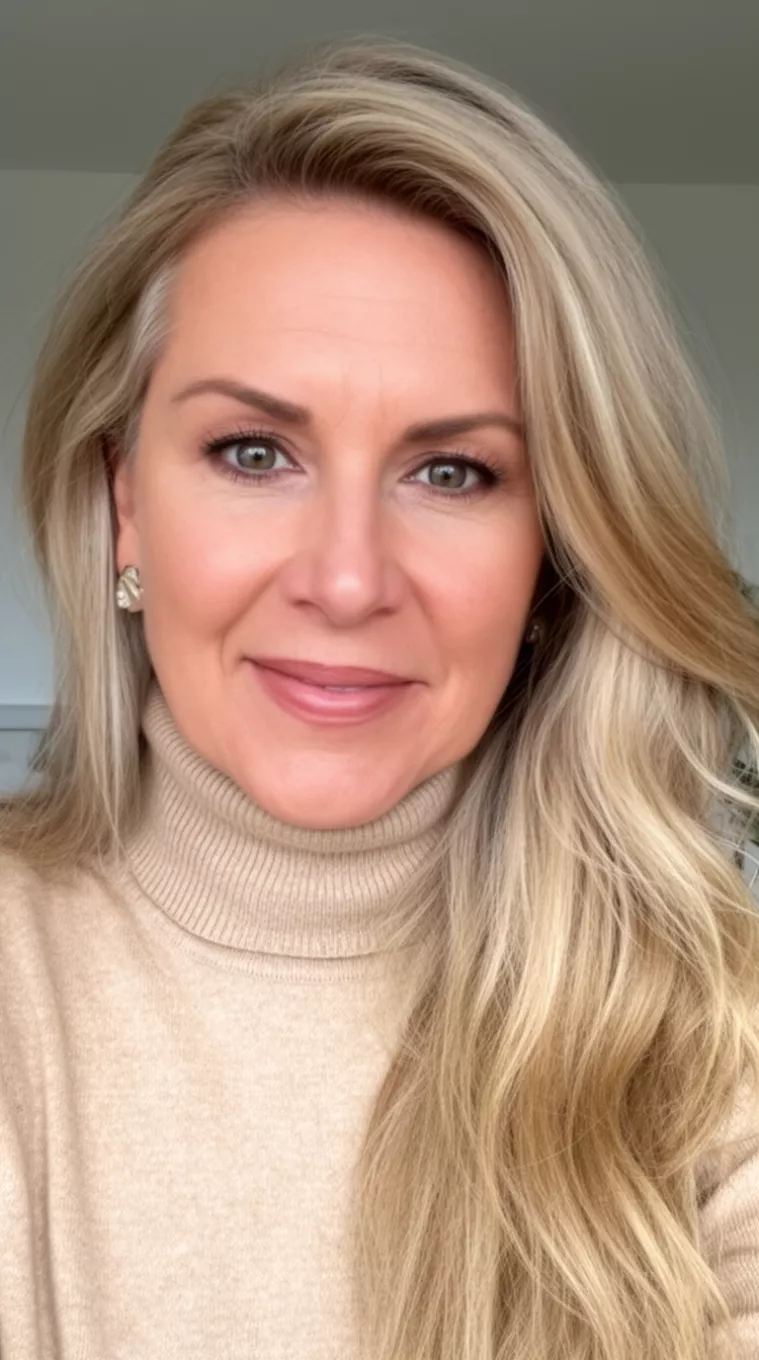 selfie of a 44-year-old woman wearing a beige turtleneck with a Color-Melted Blonde colored long hairstyle, minimal background