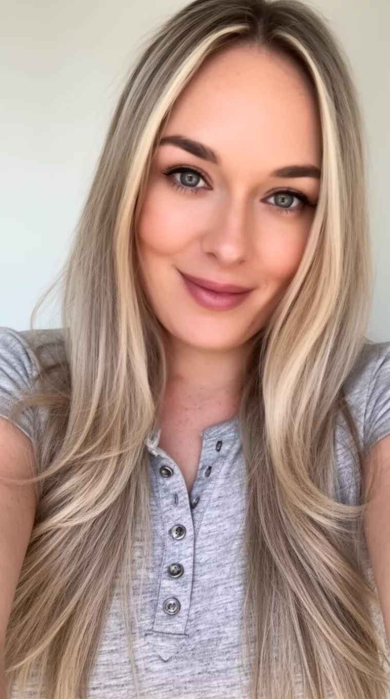 selfie of a 32-year-old woman wearing a henley shirt with a Babylights Blonde colored long hairstyle, minimal background
