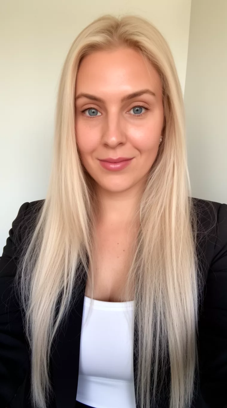 selfie of a 31-year-old woman wearing a black blazer over white top with a Ice Beige Blonde colored long hairstyle, minimal background