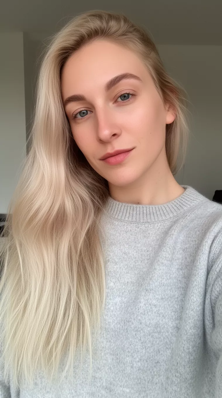 selfie of a 31-year-old woman wearing a crew neck pullover sweater with a Luminous Sun-Faded Blonde colored long hairstyle, minimal background