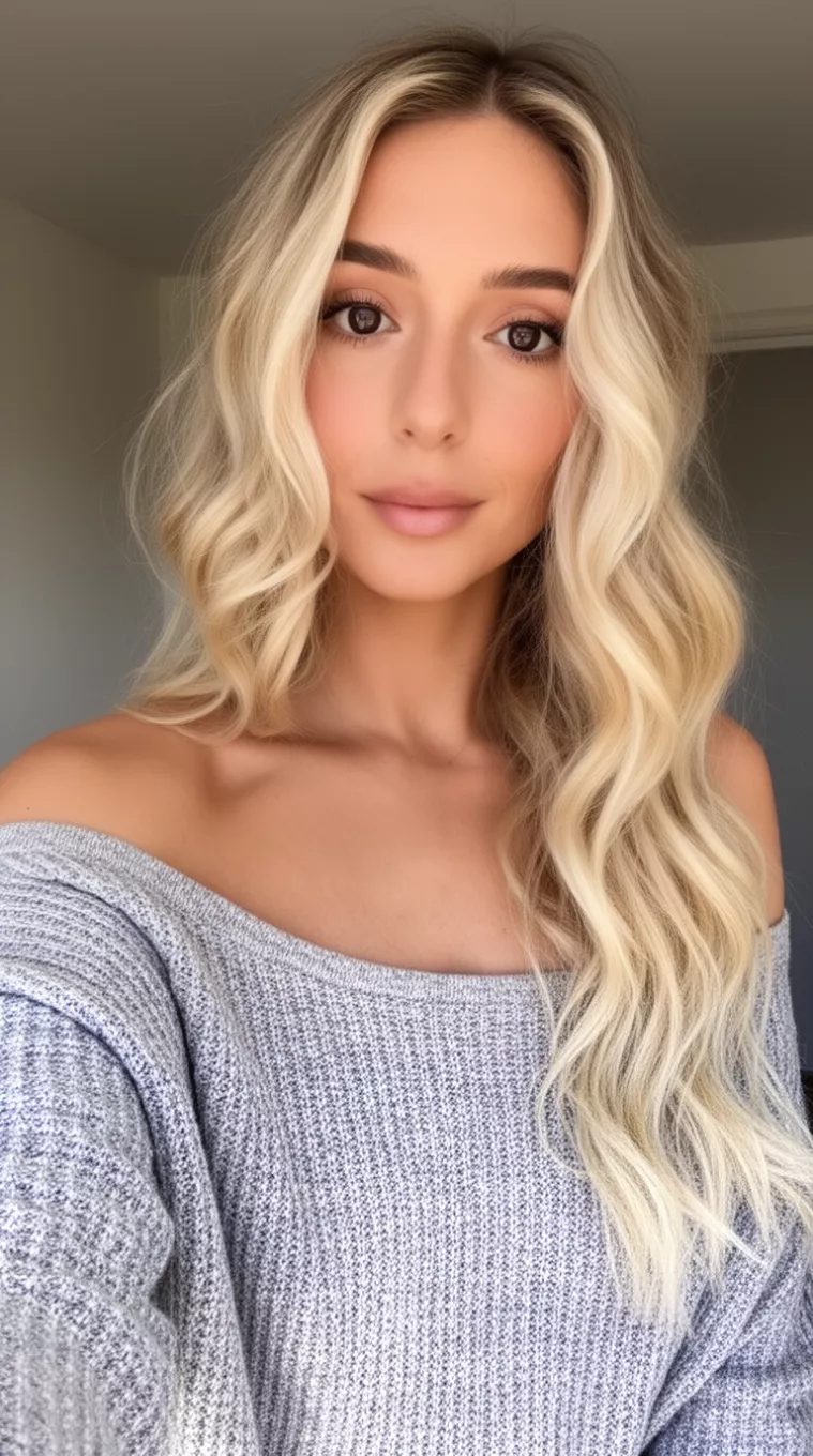 selfie of a 27-year-old woman wearing an off-shoulder sweater with a Beachy Wave Blonde colored long hairstyle, minimal background