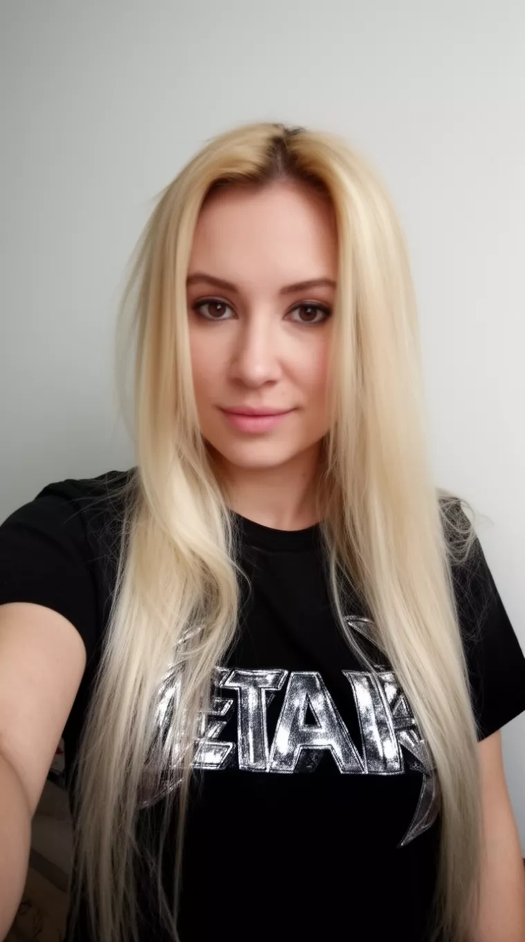 selfie of a 30-year-old woman wearing a black t-shirt with a Metallic Sheen Blonde colored long hairstyle, minimal background