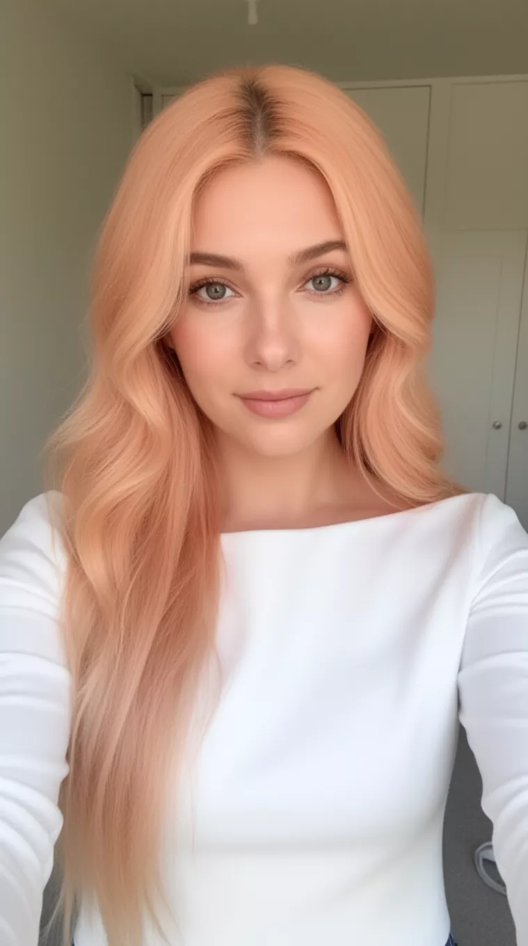 selfie of a 28-year-old woman wearing a boatneck white top with a Soft Apricot Blonde colored long hairstyle, minimal background