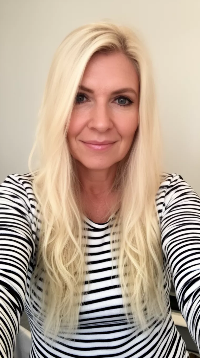 selfie of a 37-year-old woman wearing a striped long-sleeve shirt with a Creamy Butter Blonde colored long hairstyle, minimal background