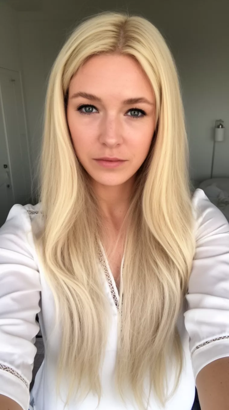 selfie of a 29-year-old woman wearing a three-quarter sleeve blouse with a Vanilla Sky Blonde colored long hairstyle, minimal background